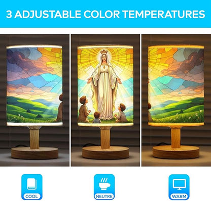 Our Lady of Fatima Apparition Table Lamp LED 3-Color Pressed Bedside, Our Lady of Fatima Apparition Shade Lamp with Wood Base for Bedroom Living Room Desk Office TL01