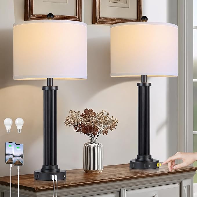 28" Tall Modern Table Lamps Set of 2 with USB C+A Ports and AC Outlet, 3 Way Touch Metal Bedside Lamps for Living Room, Black Nightstand Lamps for Bedroom