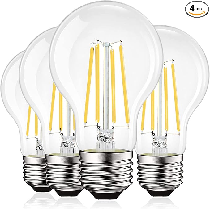 LUXRITE Vintage A19 LED Light Bulbs 100 Watt Equivalent, 1600 Lumens, 5000K Bright White, Dimmable Edison Light Bulbs, 12W, Damp Rated, UL Listed, Clear Glass Filament Bulb, E26 Medium Base (4 Pack)