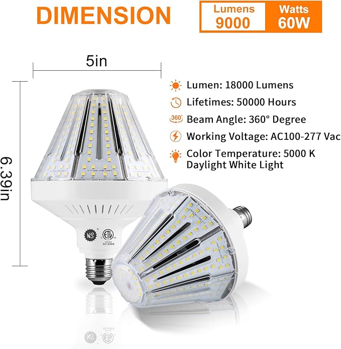 600W Equivalent Led Corn light bulbs,60W 9000 Lumens LED Corn Bulb 5000K Daylight White Lamp,E26 Medium/E39 Mogul Base,2-Pack Large Area Lights For Outdoor Indoor Garage Warehouse High Bay Lighting