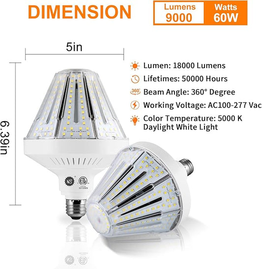 600W Equivalent Led Corn light bulbs,60W 9000 Lumens LED Corn Bulb 5000K Daylight White Lamp,E26 Medium/E39 Mogul Base,2-Pack Large Area Lights For Outdoor Indoor Garage Warehouse High Bay Lighting