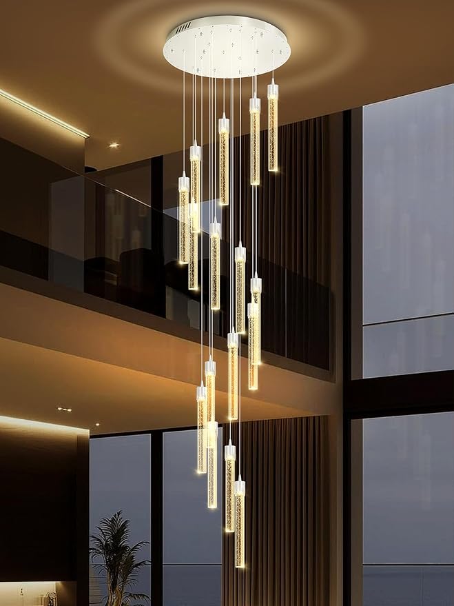 H125'' Modern Crystal Chandelier 18-Lights Large Foyer Chandelier Crystal Pendant Ceiling Light for Staircaes Hallway Entrance Silver