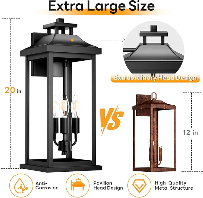Large Outdoor Light 3-Light 20" Black Exterior Lighting Fixture, Modern Outside Wall Mounted Porch Sconce, Waterproof Patio Garage Garden Carriage Lantern Lamp for House E12, 1-Pack
