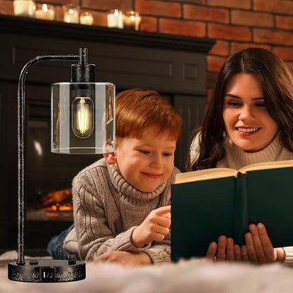 Set of 2 Industrial Table Lamps with USB Port, Rustic Black Fully Stepless Dimmable Bedside Lamps for bedrooms, Nightstand Desk Lamps with Clear Glass Shade for Reading Living Room Office 2 LED Bulb