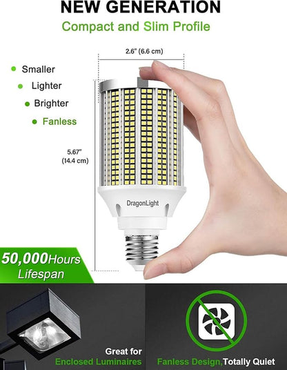 DragonLight 50W Super Bright LED Corn Light Bulbs (400 Watt Equivalent) - E26 Base LED Lamp 6000K Daylight 6,000 Lumens for Large Area Lighting, Pack of 2