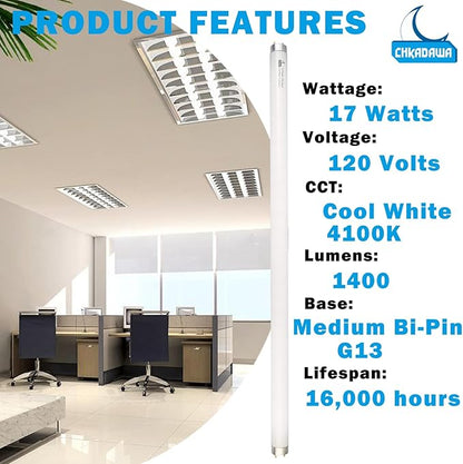 24 Inch Fluorescent Light Bulb F17T8/841 17 Watts, 2 Ft T8 17W Cool White 4100K Straight Linear Fluorescent Tube, G13 Medium Bi-Pin Base, 6 Pack
