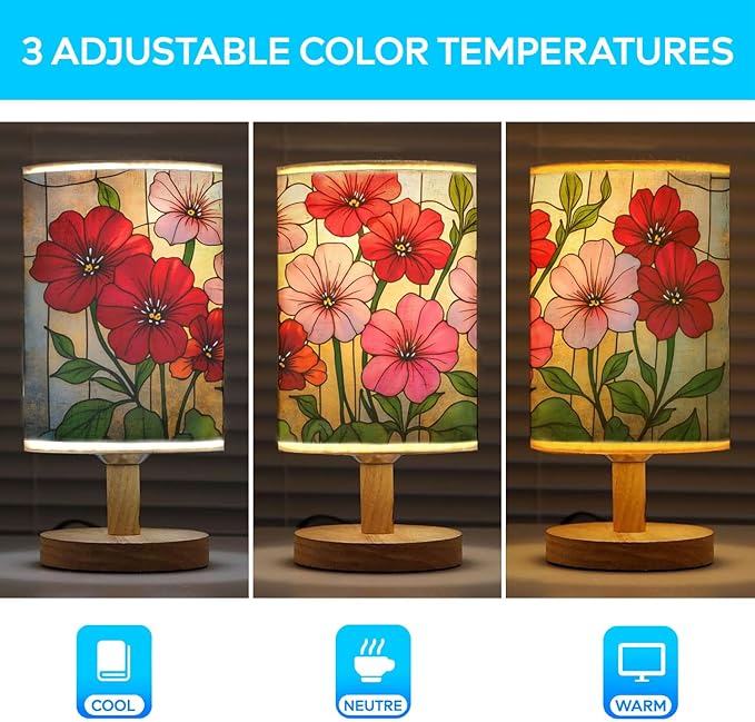Geranium Table Lamp LED 3-Color Pressed Bedside, Geranium Shade Lamp with Wood Base for Bedroom Living Room Desk Office