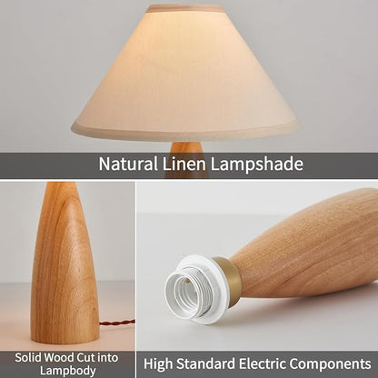 Bedside Table Lamp for Bedroom, Mid-Century Modern Plug in Fabric Shade & Solid Wood Base Desk Lamp, Plug & Play Yellow Wood Nightstand Lamp for Living Room, Office 【Bulb Included】