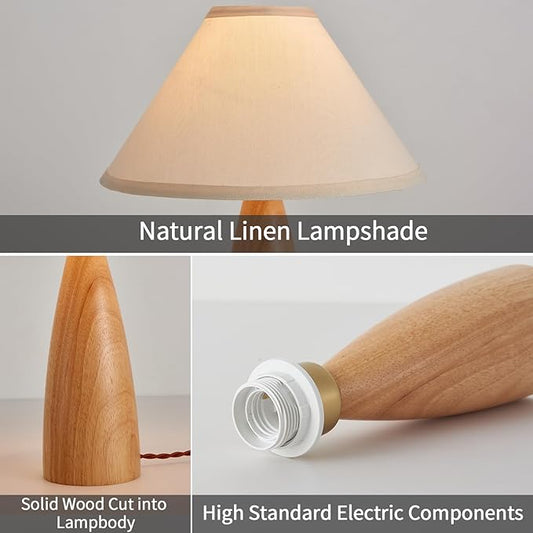 Bedside Table Lamp for Bedroom, Mid-Century Modern Plug in Fabric Shade & Solid Wood Base Desk Lamp, Plug & Play Yellow Wood Nightstand Lamp for Living Room, Office 【Bulb Included】