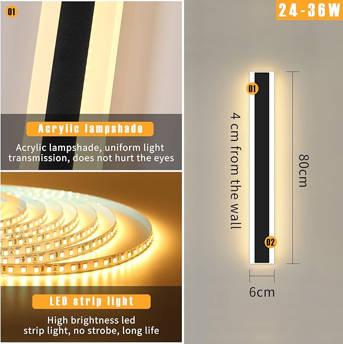 Modern 31.4inch Outdoor Wall Light, 3000K Black Acrylic Exterior Lighting Fixtures Wall Mount, Ip65 Waterproof Modern Porch Lights Outdoor Wall Sconce, Led Long Wall Lights for House Hard-Wired