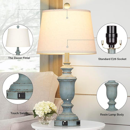 25.6" Blue Table Lamps Set of 2 with USB C+A Ports & AC Outlet for Coastal Living Room Bedroom,3-Way Dimmable Farmhouse Touch Lamp Bedside Lamps for Nightstand,Retro Blue