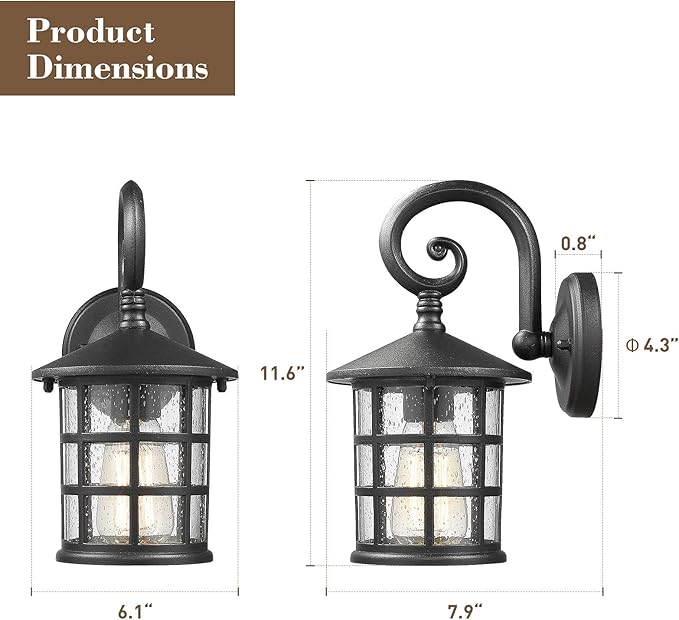 Emliviar Outdoor Wall Lantern Sconce - Industrial Exterior Wall Mount Light Fixture for Garage, Seeded Glass in Black Finish, XE222B BK