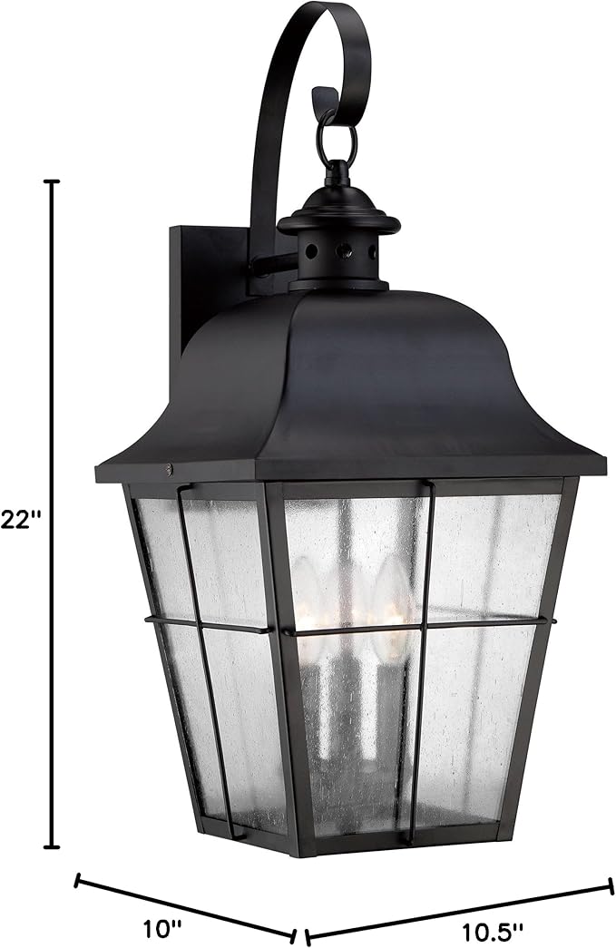 Quoizel Millhouse Outdoor Wall Lantern, 22 Inch, 3-Light Mystic Black Traditional Wall Sconce, Clear Seeded Glass, 60W, Exterior Wall Lantern Fixture, Outside Lights for Patio, Porch, Garage or Yard