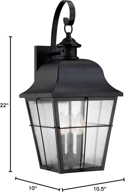 Quoizel Millhouse Outdoor Wall Lantern, 22 Inch, 3-Light Mystic Black Traditional Wall Sconce, Clear Seeded Glass, 60W, Exterior Wall Lantern Fixture, Outside Lights for Patio, Porch, Garage or Yard
