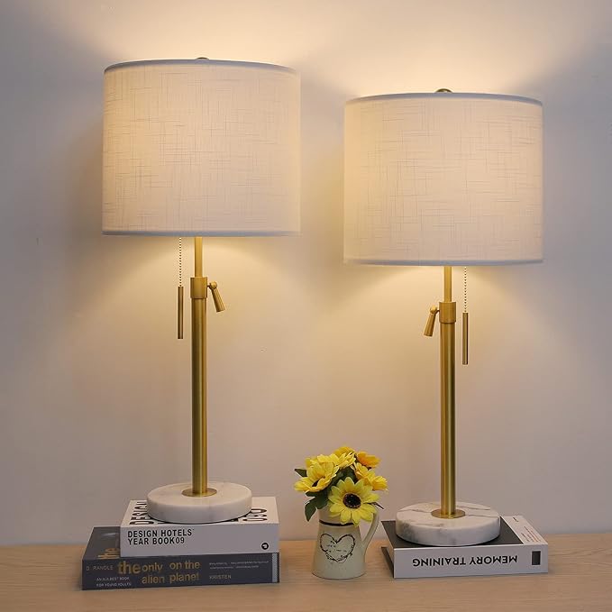 Table Lamps for Bedrooms Set of 2, 22" to 30" Height Adjustable Nightstand Lamps with Linen Shade, Pull Chain Switch Lamps for Living Room, 3 Way Dimmable Beside Lamp