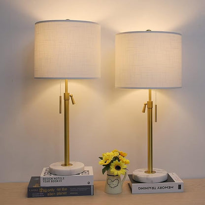 Table Lamps for Bedrooms Set of 2, 22" to 30" Height Adjustable Nightstand Lamps with Linen Shade, Pull Chain Switch Lamps for Living Room, 3 Way Dimmable Beside Lamp