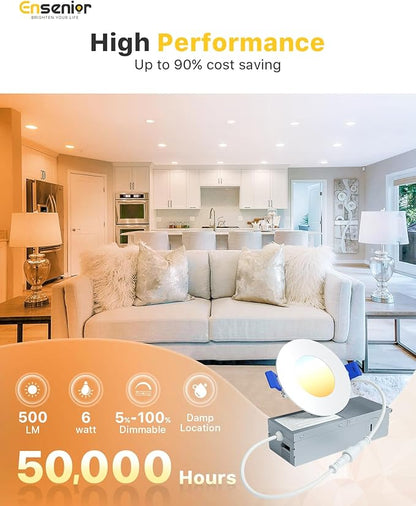 Ensenior 24 Pack 3 Inch LED Recessed Ceiling Light, Dimmable, 2700K-5000K 5CCT, 500LM 6W 120V, High Brightness Dimmable Canless Wafer Downlight - ETL&FCC&IC