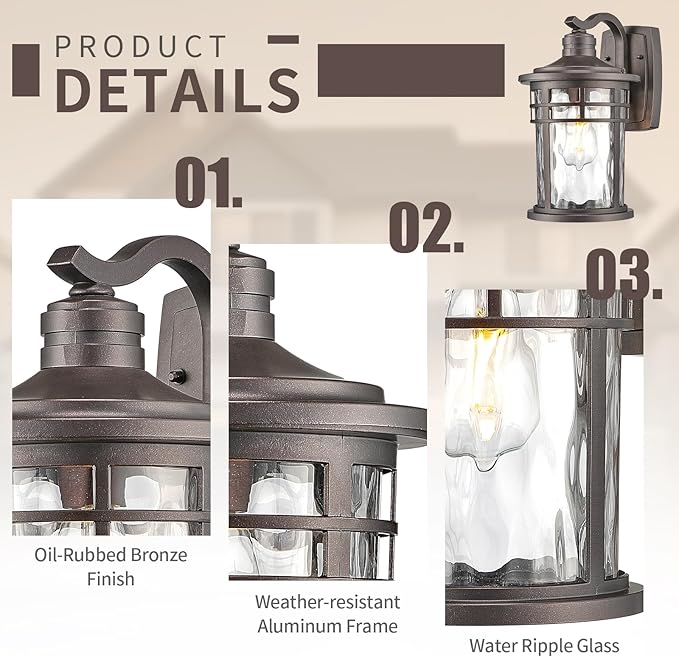 Darkaway Outdoor Wall Light Fixture,2pcs 14.57inch Large Outside Porch Lights Wall Mounted Water Ripple Glass Exterior Waterproof Lantern Modern Wall Sconce Lighting for House