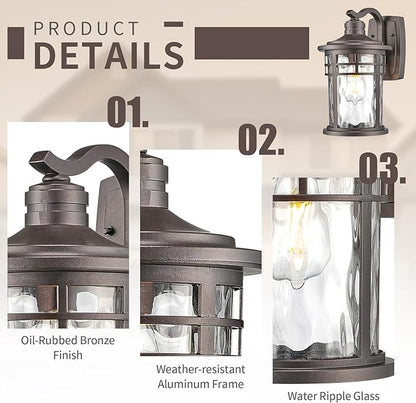 Darkaway Outdoor Wall Light Fixture,14.57inch Large Outside Porch Lights Wall Mounted Water Ripple Glass Exterior Waterproof Lantern Modern Wall Sconce Lighting for Front Door Yard Patio