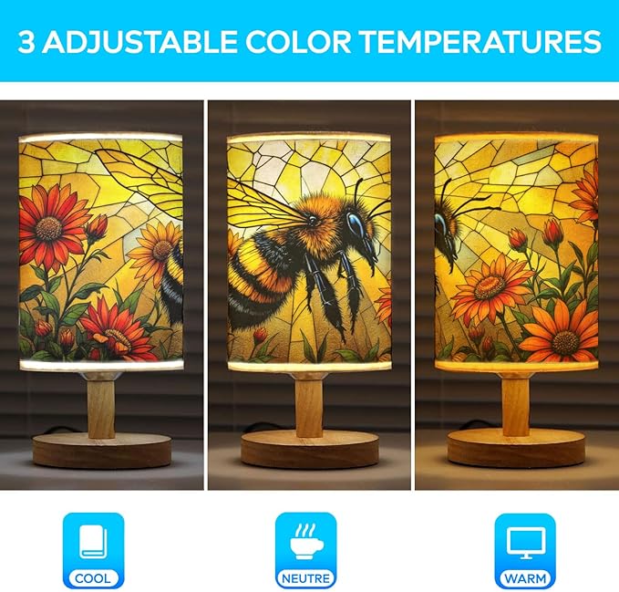 Bee Table Lamp LED 3-Color Pressed Bedside, Bee Shade Lamp with Wood Base for Bedroom Living Room Desk Office TL01