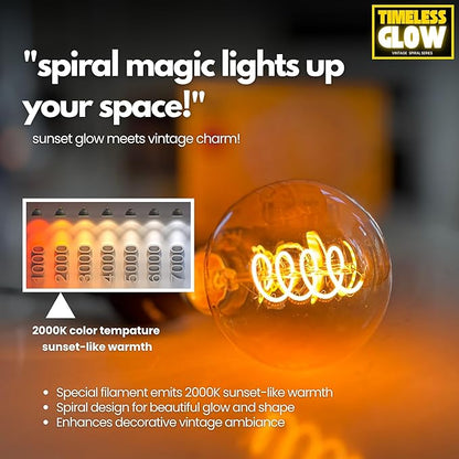TimelessGlow 4 Pack Dimmable G25 LED Filament Bulb 5W 40W Equivalent Warm Amber 2000K E26 Base CRI80 Amber Glass Spiral Filament ETL FCC Certified Flicker Free Decorative Lighting