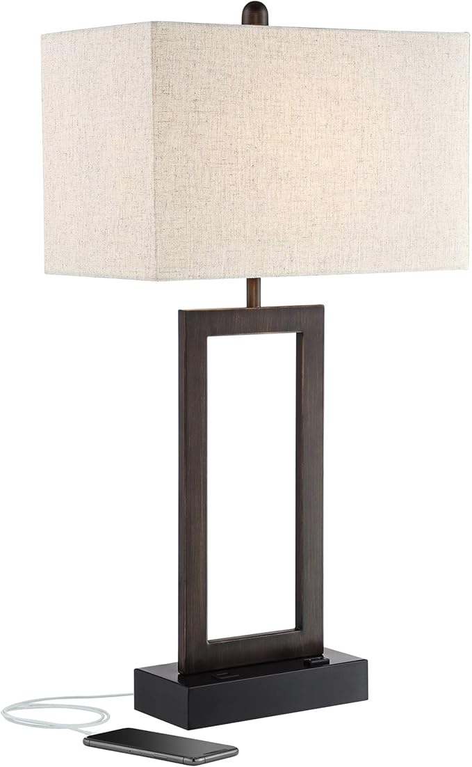 360 Lighting Todd Modern Minimalist Table Lamp with USB Charging Ports A+C and AC Power Outlet in Base 30" Tall Bronze Rectangular Oatmeal Fabric Shade Living Room Bedroom House Bedside Nightstand