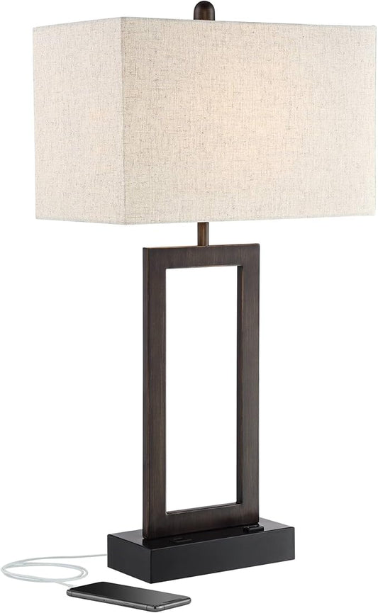 360 Lighting Todd Modern Minimalist Table Lamp with USB Charging Ports A+C and AC Power Outlet in Base 30" Tall Bronze Rectangular Oatmeal Fabric Shade Living Room Bedroom House Bedside Nightstand