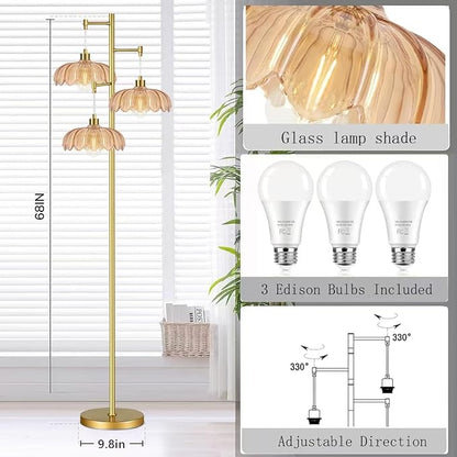 Floor Lamp for Living Room,Bedroom,Gold Mid Century Modern Standing Lamp Brass Tree 3 Light Tall Floor Lamps Vintage Retro Floor Lights Glass Flower Lamp Shade Farmhouse Boho Bohemian