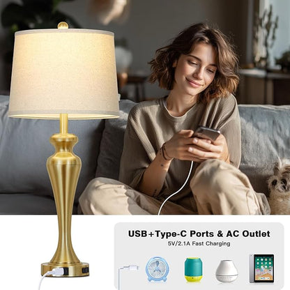 30 Inch Gold Single Table Lamp, 3-Way Dimmable Touch Control Bedside Lamps with USB A+C Ports and AC Outlet, Metal Brass Bedroom Lamps for Night stand, Modern Tall Lamp for Living room end table