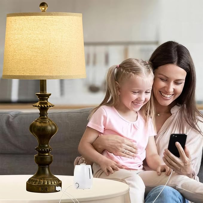 27.5" Farmhouse Table Lamps Set of 2 Bedside Nightstand Lamp with USB C+A Ports & AC Outlet, 3 Way Dimmable Lamps for Bedroom Living Room Office Rustic Lamp (Rotary Switch-Black)