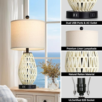 Touch Control Rattan Table Lamps, 3 Way Dimmable Bedside Lamps for Bedroom Set of 2 with 2 USB Ports and AC Outlet, Wicker Nightstand Lamps for Living Room (LED Bulbs Included), White