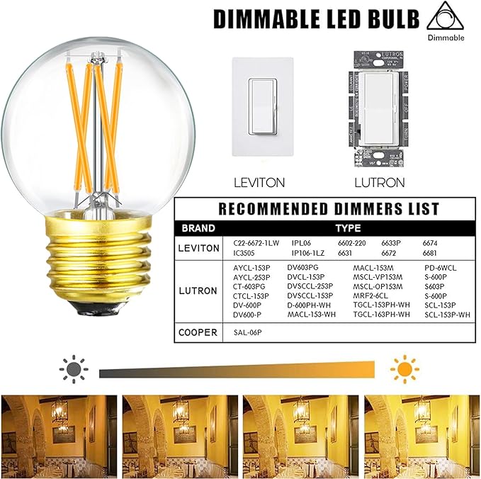 Leools Dimmable g16.5 led Bulb 40W g16 1/2 led Edison Bulb 2700K 4W e26 led Globe Bulb for Ceiling Fan,Chandelier,Vanity Light Bulb AC120V G50 400lm 6Pack