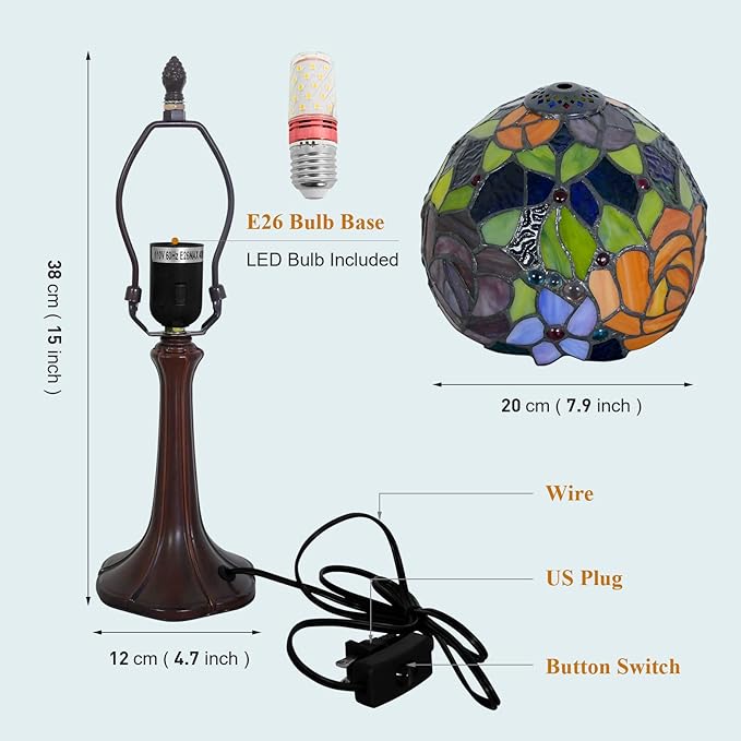 Tiffany Table Lamp Romantic Double-Color Roses Handmade Stained Glass Desk Lamps 8" Wide 15" Tall Vintage Reading Lamp for Office, Living Room, Bedroom, LED Bulb Included