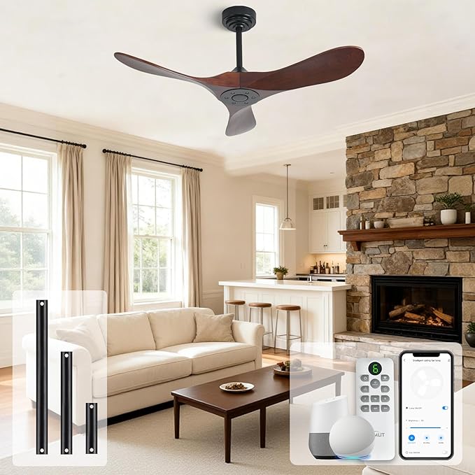 Outdoor Ceiling Fan Without Light, 42Inch Smart Ceiling Fan with Remote & Voice Control for Alexa/Google, 3-Blade Wood Fan, Quiet DC Motor, 6 Speeds for Patio, Porch, Farmhouse, Dark Walnut