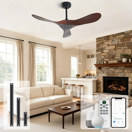 Outdoor Ceiling Fan Without Light, 42Inch Smart Ceiling Fan with Remote & Voice Control for Alexa/Google, 3-Blade Wood Fan, Quiet DC Motor, 6 Speeds for Patio, Porch, Farmhouse, Dark Walnut