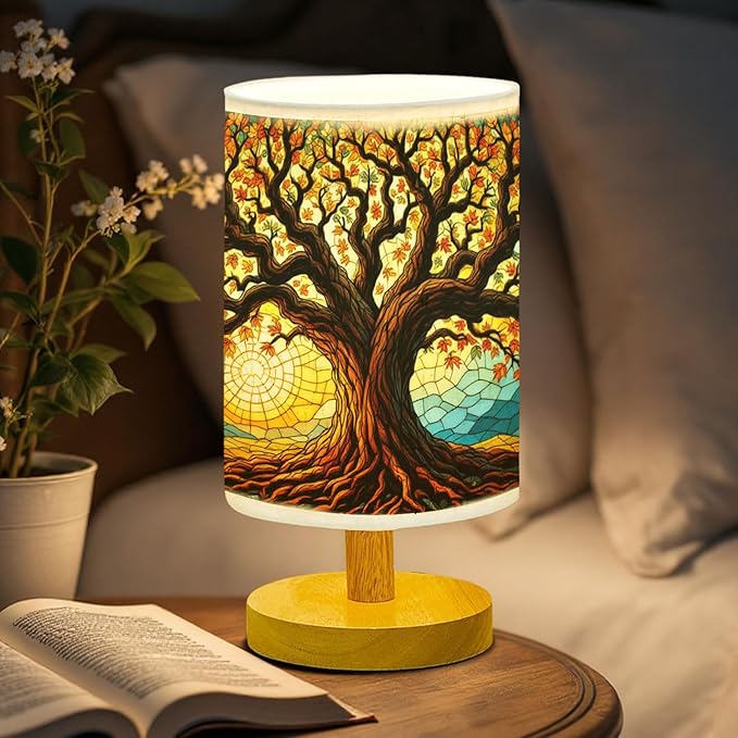 Tree of Life Table Lamp LED 3-Color Pressed Bedside, Tree of Life Shade Lamp with Wood Base for Bedroom Living Room Desk Office TL01