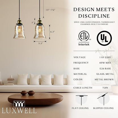 Modern Glass Pendant Light, 5.5"x6.3" Amber Ribbed Globe Light Fixture with Gold Cap, 15"-72" Adjustable Cord, E26 Socket for Dining or Lounge Areas – Sunrise Glow Trumpet