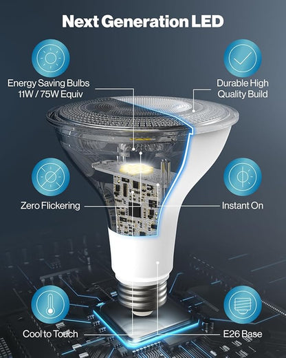 Sunco 12 Pack PAR30 LED Bulb, Exterior Flood Lighting, Long Neck Recessed Light Bulbs, 1200 LM, 11W (75W Equivalent), 3000K Warm White, Dimmable, E26 Base, High Brightness, Indoor/Outdoor UL