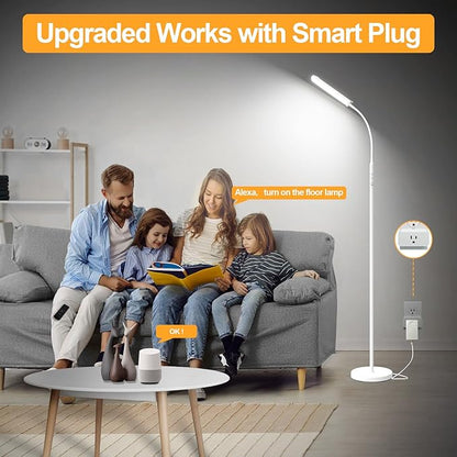 White Floor Lamp, 18W 1800LM Bright LED Floor Lamps for Living Room Bedroom, Dimmable Timing Eye Caring Reading Standing Lamp with Remote & Works with Smart Plug