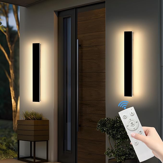 Mikeru 3CCT Dimmable Outdoor Wall Sconce 23.6" IP65 Waterproof - 2Pack Modern Black Exterior Light with Remote Control, Adjustable 3000K/4500K/6000K for Porch, Patio & Commercial Spaces | Hardwired