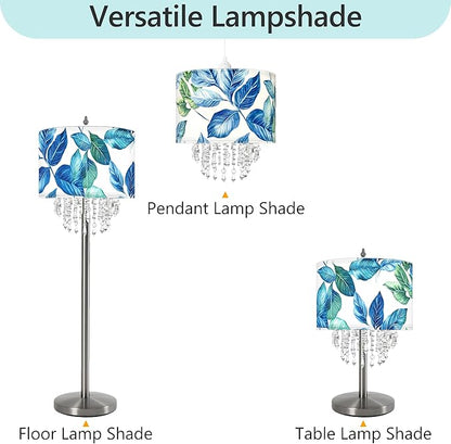 Blue Leaf Tropical Leaf Lamp Shade with Acrylic Bead Droplets, Drum Fabric Light Shade for Ceiling Pendant Table or Floor Lamps, Botanical Nature Home Decor, 11.8in