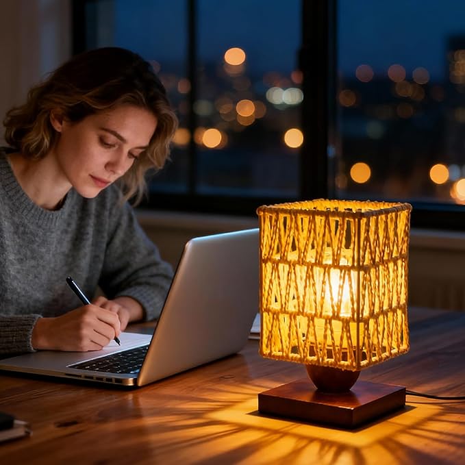 Boho Small Table Lamp,Vintage Wicker Wooden Nightstand Bamboo Woven End Table Lamps,Farmhouse Rattan Beside Lamp for Room Decor, for Bedroom Living Room Desk Kids Room(LED Bulb Included) (B)