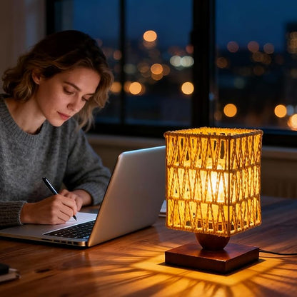 Boho Small Table Lamp,Vintage Wicker Wooden Nightstand Bamboo Woven End Table Lamps,Farmhouse Rattan Beside Lamp for Room Decor, for Bedroom Living Room Desk Kids Room(LED Bulb Included) (B)