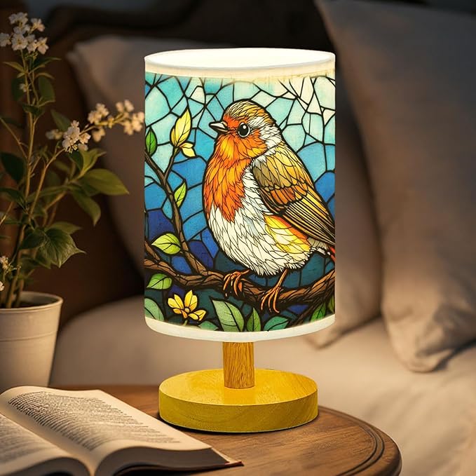 Robin Table Lamp LED 3-Color Pressed Bedside, Robin Shade Lamp with Wood Base for Bedroom Living Room Desk Office TL01