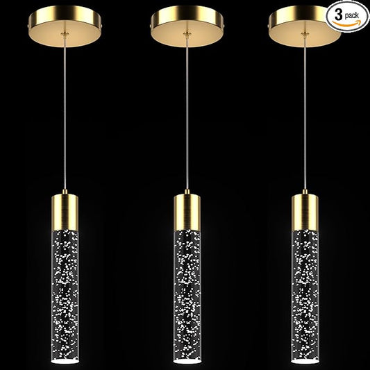 Pendant Lights Kitchen Island, 6500K Modern Kitchen Island Lights Brushed Gold, 3 Pack Ceiling Lighting Fixtures with Crystal Bubble, Integrated LED Hanging Light for Dining Room Restaurant