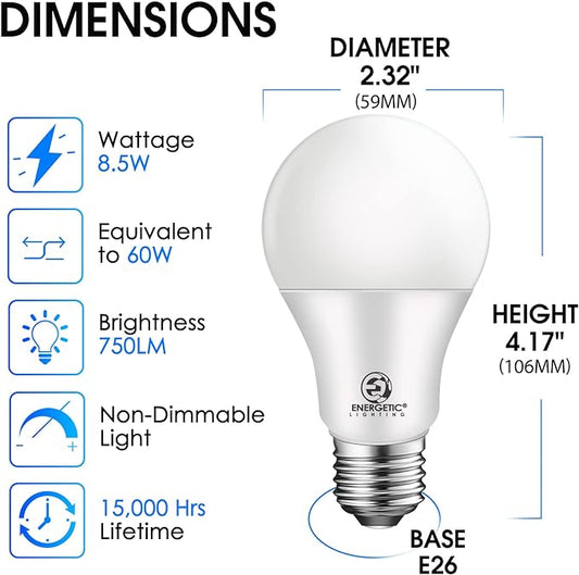 Energetic 60W Equivalent, A19 LED Light Bulb, 5000K Daylight, E26 Medium Base, Non-Dimmable LED Light Bulb, 8W 760lm, ETL Listed 4 Pack