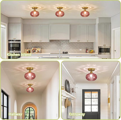Red Glass Semi Flush Mount Ceiling Light - 2 Pack,7.9 Inch Small Hammered Art Deco Glass Hallway Light fixtures, Vintage Gold Flush Mount Ceiling Light for entryway Foyer Laundry Room Kitchen