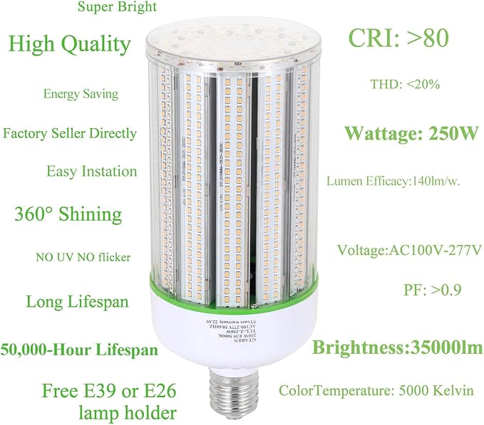 250W LED Corn Light Bulb,1000w Metal Halide Replacement,5000K E39 Mogul Base LED Bulb,Retrofit HPS HID Lamp for Commercial Industrial High Bay Light Fixture Wearehouse Gyms Storage Room Workshop