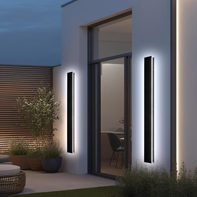 70.8in 2pcs Outdoor Wall Lights, Upgraded 4.72in Wide Black Exterior Light Fixtures Wall Mount, Waterproof Modern Porch Light,Dimmable Long Strip LED Linear Outdoor Sconces Lighting for House