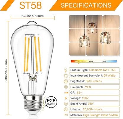 MAXvolador 12-Pack Dimmable Vintage LED Edison Bulb 60W Equivalent, 6W 850Lumens Warm White 2700K ST58 Antique Filament Light Bulbs, E26 Base